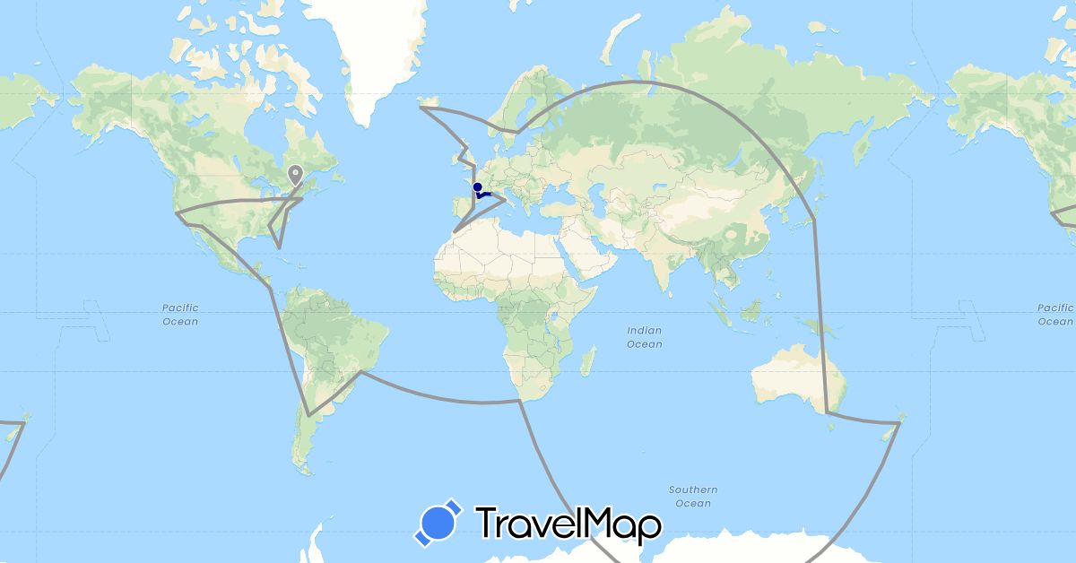 TravelMap itinerary: driving, plane in Argentina, Australia, Brazil, Canada, Costa Rica, Spain, France, United Kingdom, Ireland, Iceland, Italy, Japan, Morocco, Monaco, Norway, New Zealand, Sweden, United States, South Africa (Africa, Asia, Europe, North America, Oceania, South America)